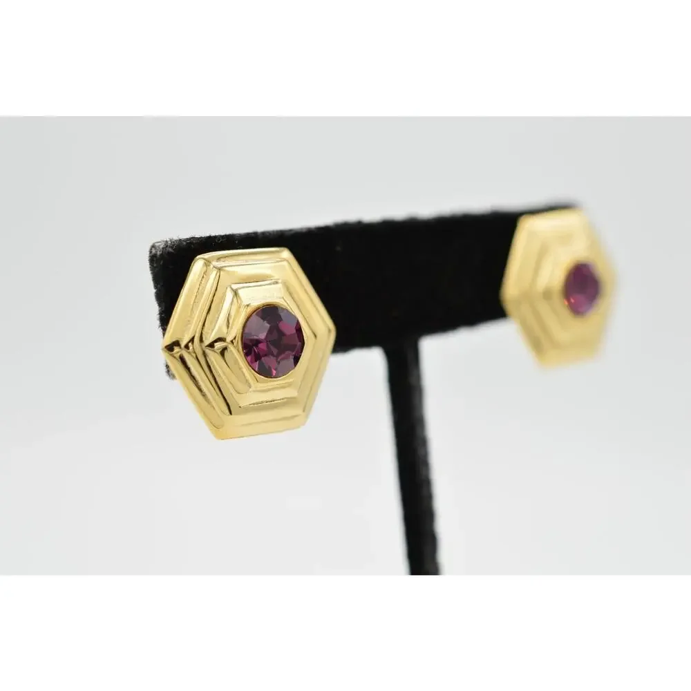 Vintage Crystal Clip On Earrings Rhinestone Purple Gold Statement NOS 1980s 9L